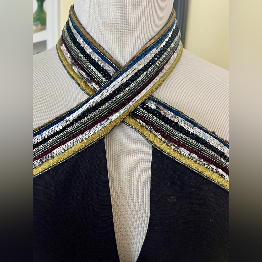 ESCADA Dress Formal Gown Black Sequin Stripe Trim Twist Halter Neck SZ 34/4 - Picture 4 of 16